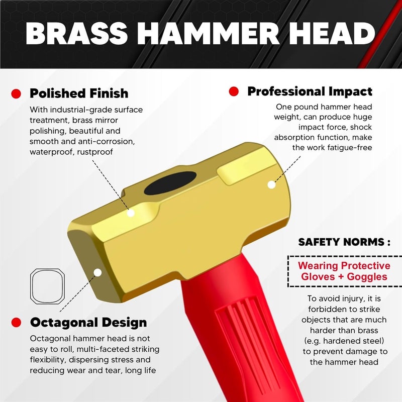 ct 1lb Brass Sledge Hammer,Non-Sparking,Comfortable Fiberglass Handle,1-Pounds,Non-Magnetic,Corrosion Resistant - Image 4